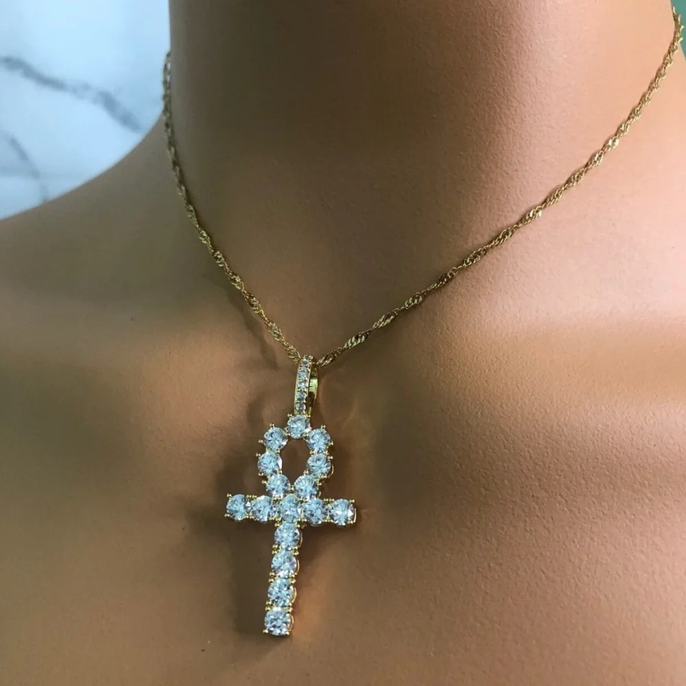 Elegant Gold Ankh Pendant Necklace 18inch